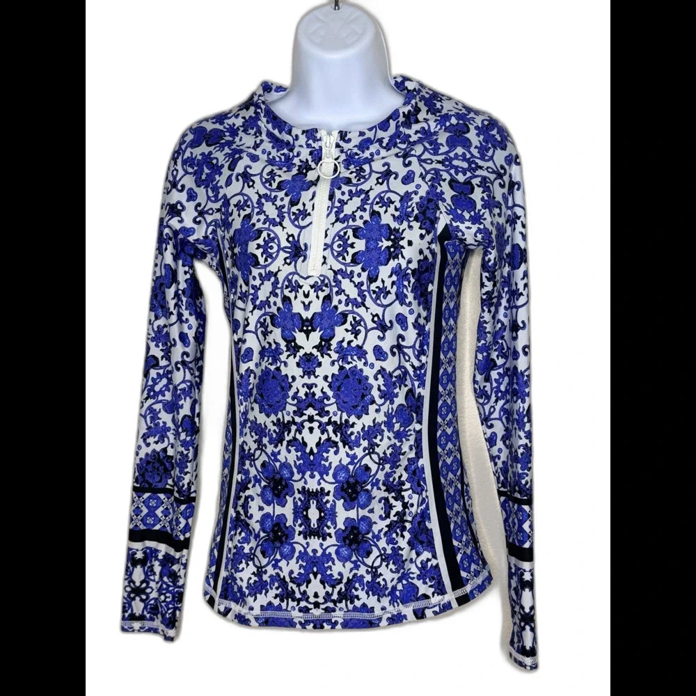 Nanette Lepore Blue Floral Long Sleeve Quarter Zip Rash Guard Swim Top sz M